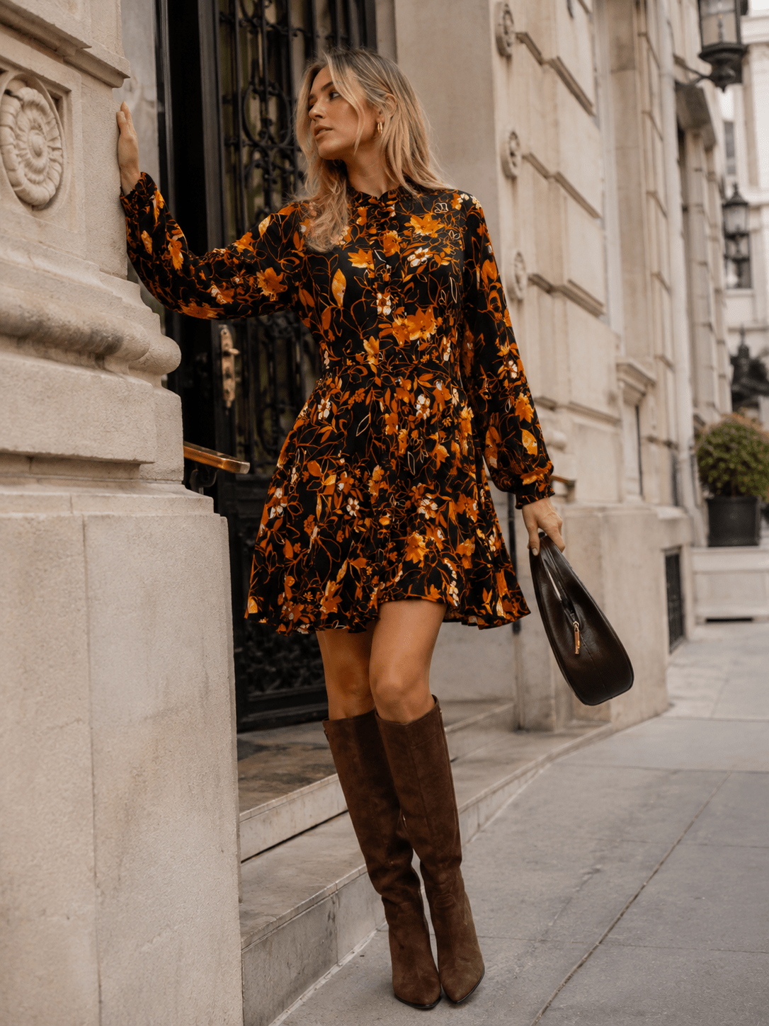 WOMEN'S LONG SLEEVE BUTTON UP FLORAL PRINT MINI DRESS