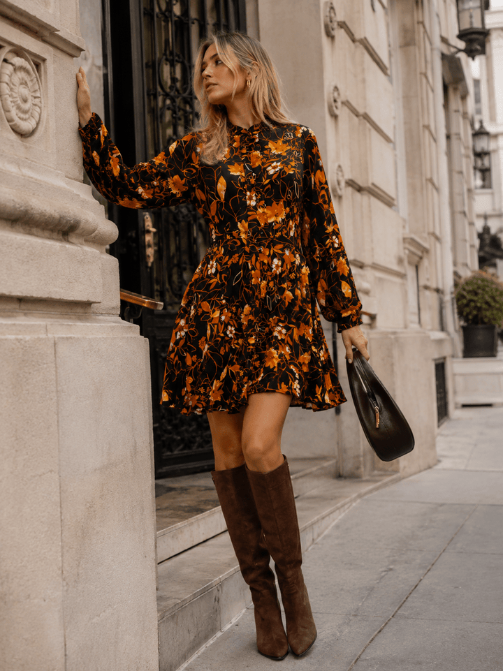 WOMEN'S LONG SLEEVE BUTTON UP FLORAL PRINT MINI DRESS