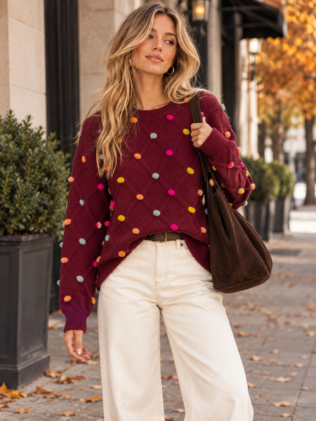 WOMEN'S LONG SLEEVE PULLOVER POM POM DETAILED SWEATER