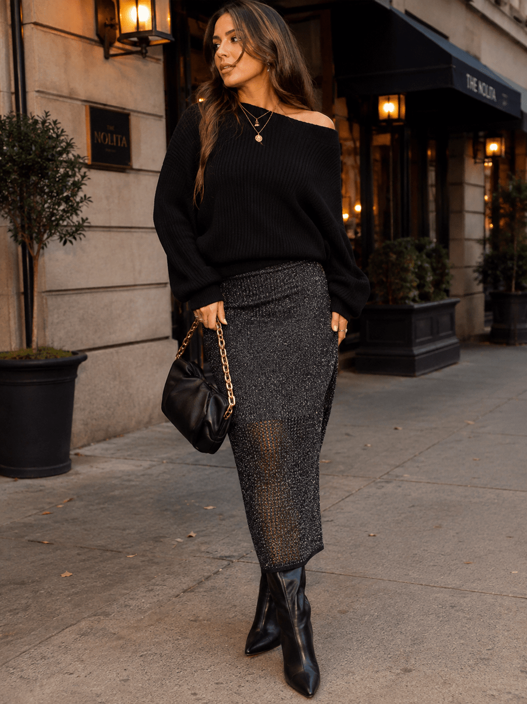 WOMEN'S ELASTIC WAIST SHIMMER KNIT MIDI SKIRT