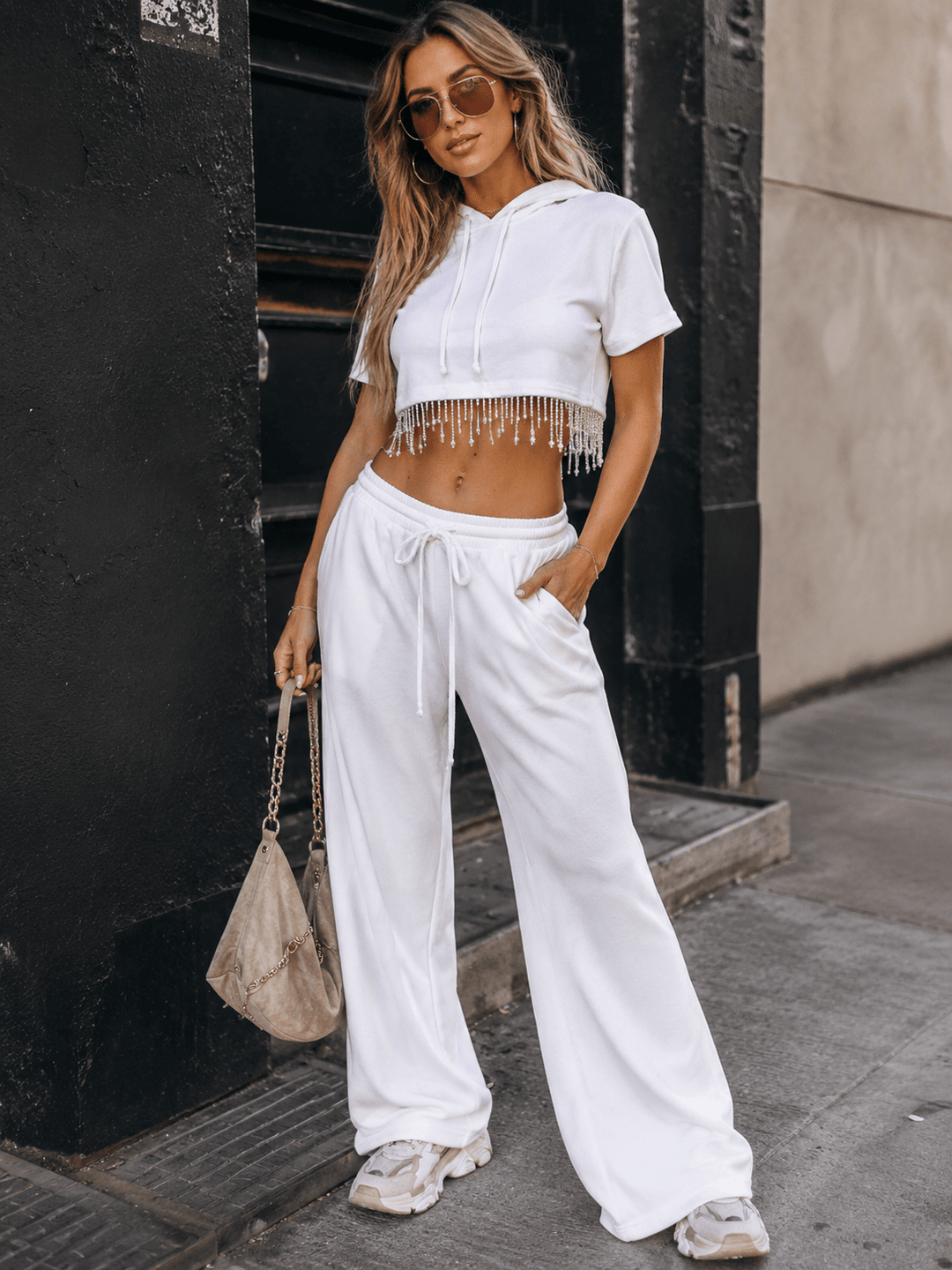 WOMEN'S SHORT SLEEVE HOODED CROP TOP & ELASTIC WAIST PANTS FRINGE STUDS 2PC. SET