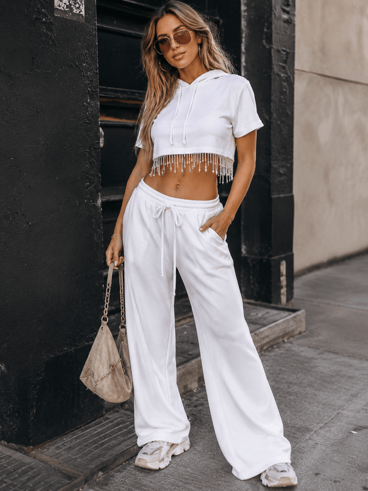 WOMEN'S SHORT SLEEVE HOODED CROP TOP & ELASTIC WAIST PANTS FRINGE STUDS 2PC. SET