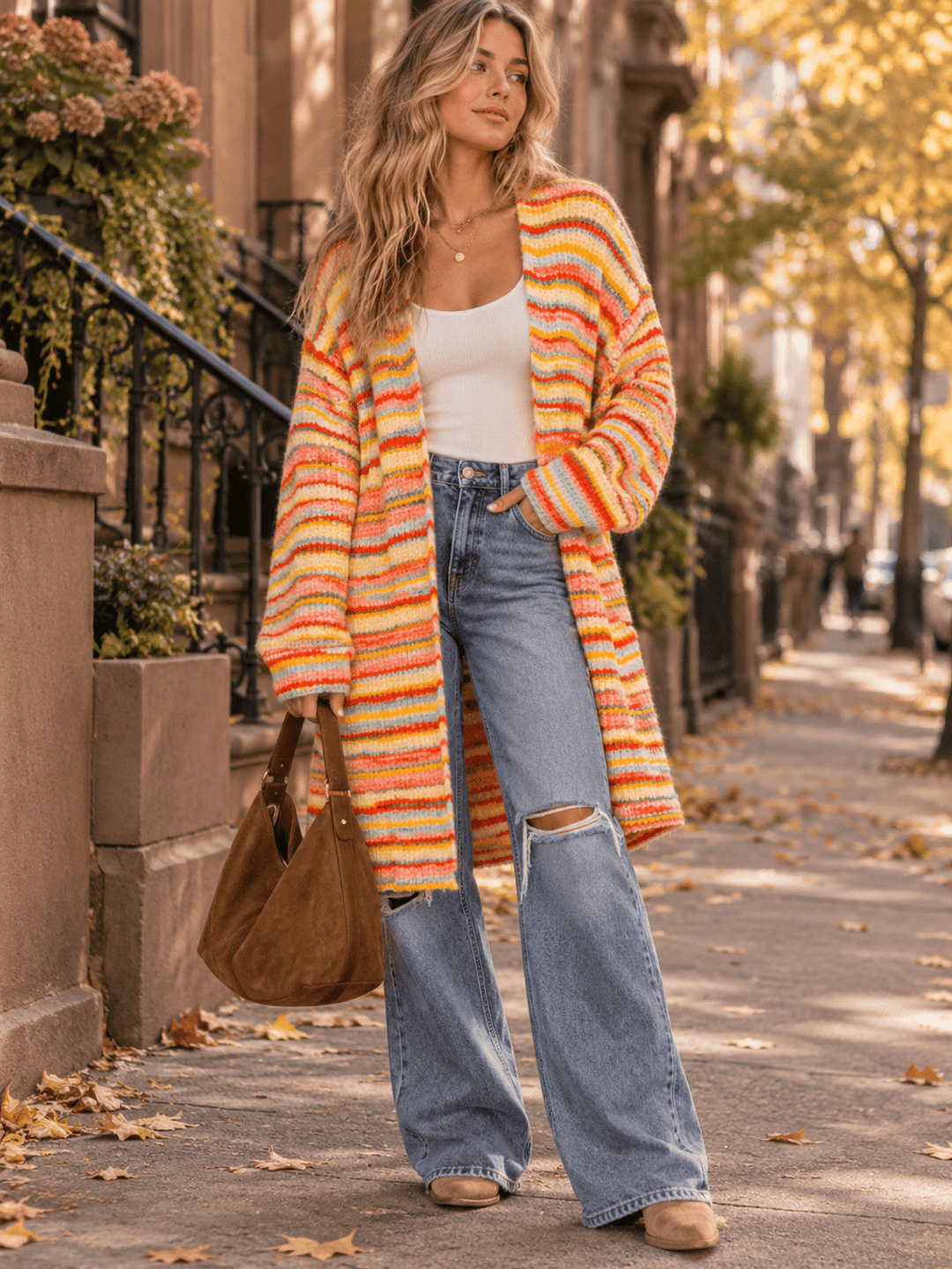 WOMEN'S LONG SLEEVE OPEN FRONT POCKETS MULTI STRIPES CARDIGAN