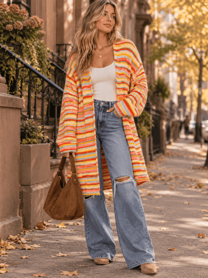 WOMEN'S LONG SLEEVE OPEN FRONT POCKETS MULTI STRIPES CARDIGAN