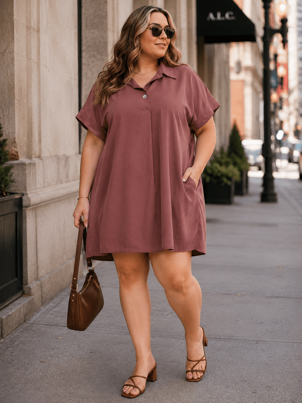 ENTRO PLUS SIZE SHORT SLEEVE BUTTON CLOSURE TUNIC MINI DRESS