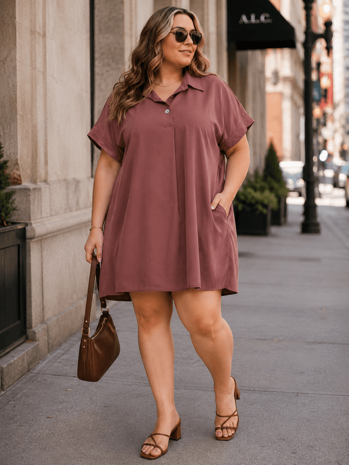 ENTRO PLUS SIZE SHORT SLEEVE BUTTON CLOSURE TUNIC MINI DRESS