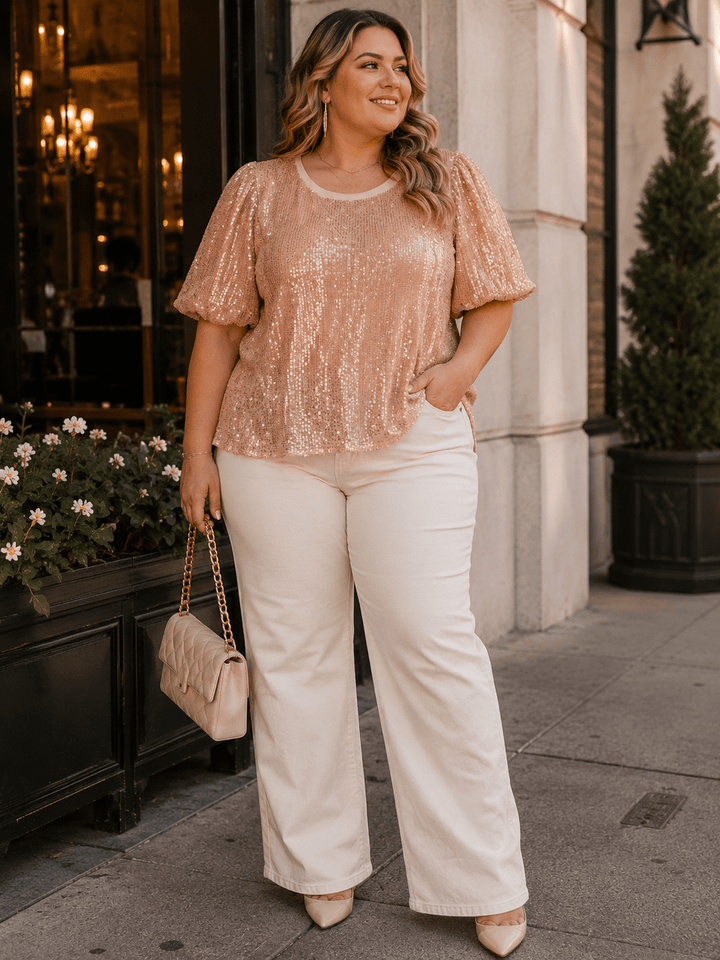 ENTRO PLUS SIZE SHORT PUFF SLEEVE SEQUINS BLOUSE