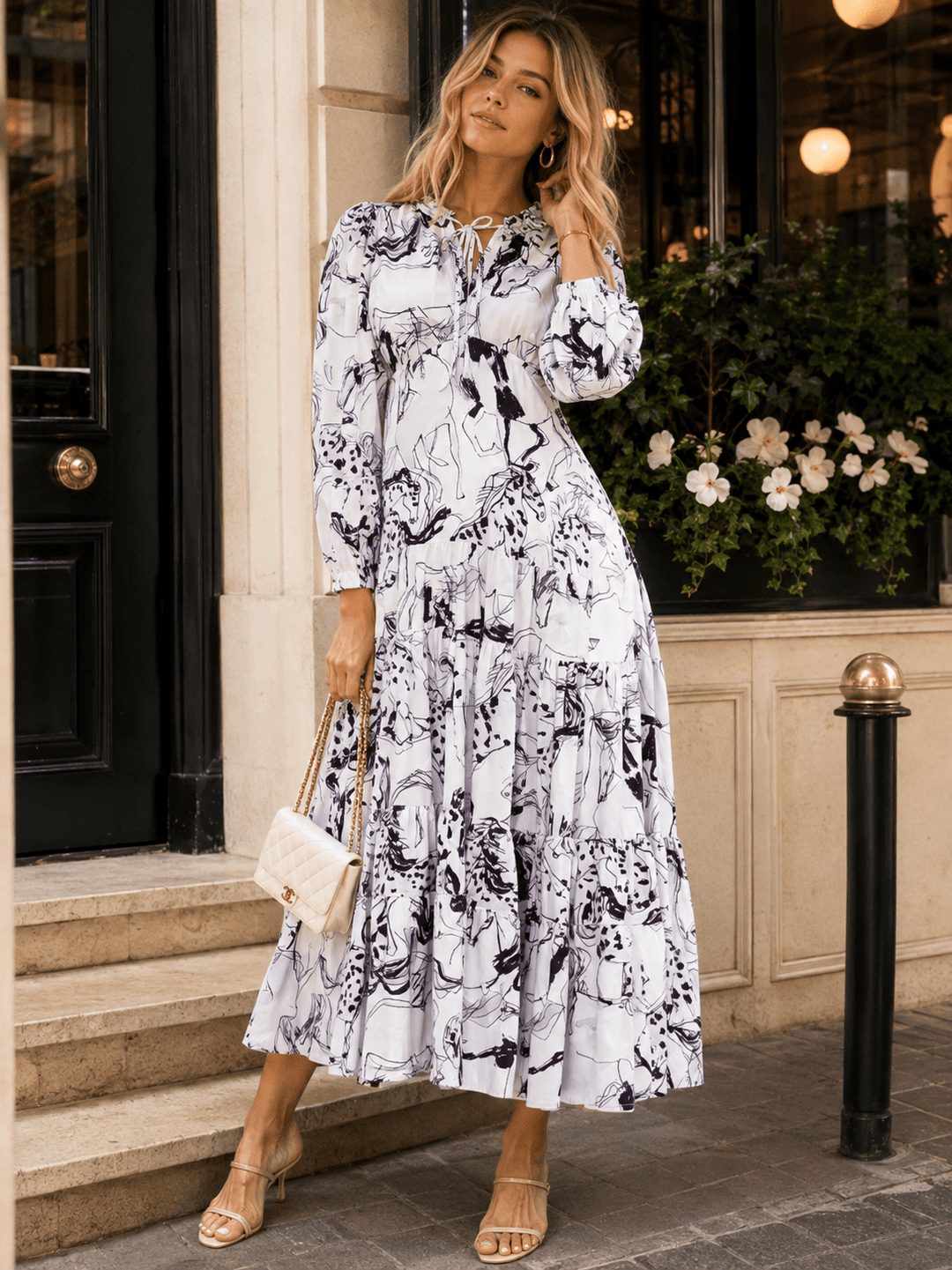BEULAH WOMEN'S LONG SLEEVE HORSE PRINT SATIN MAXI DRESS