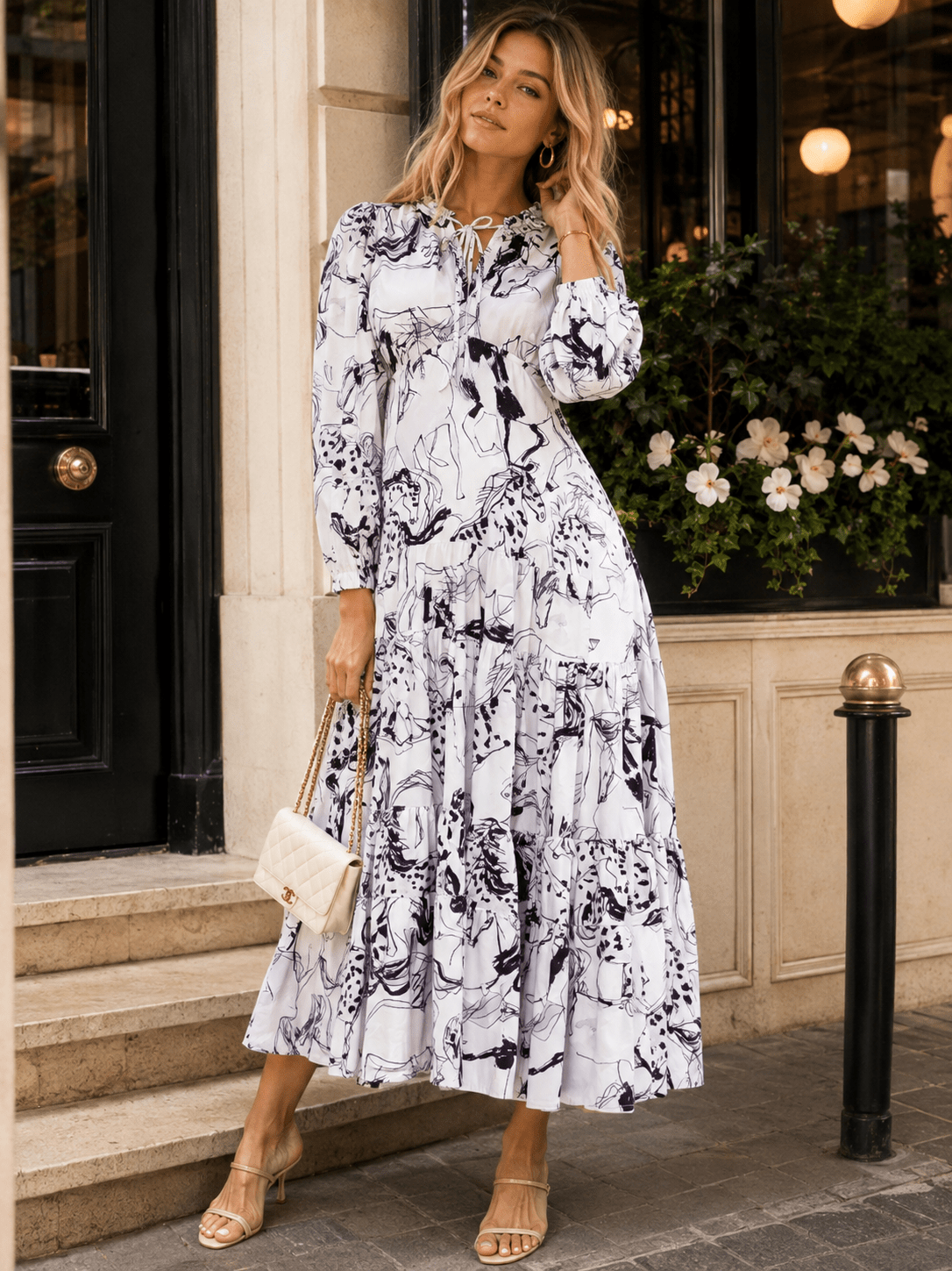 BEULAH WOMEN'S LONG SLEEVE HORSE PRINT SATIN MAXI DRESS