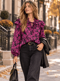 ENTRO WOMEN'S LONG SLEEVE V-NECK FLORAL PRINT BLOUSE
