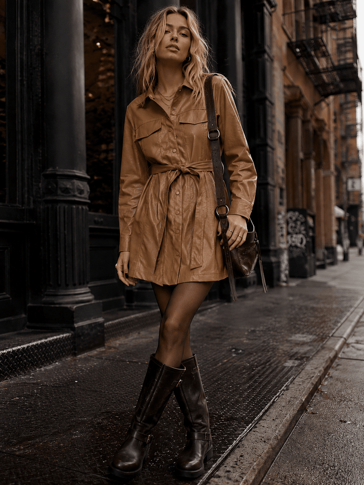 WOMEN'S LONG SLEEVE BUTTON UP POCKETS SELF TIE PU PLEATHER MINI DRESS (Copy)