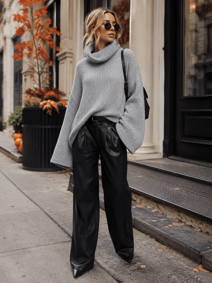 WOMEN'S LONG BELL SLEEVE TURTLE NECK PULLOVER KNIT SWEATER