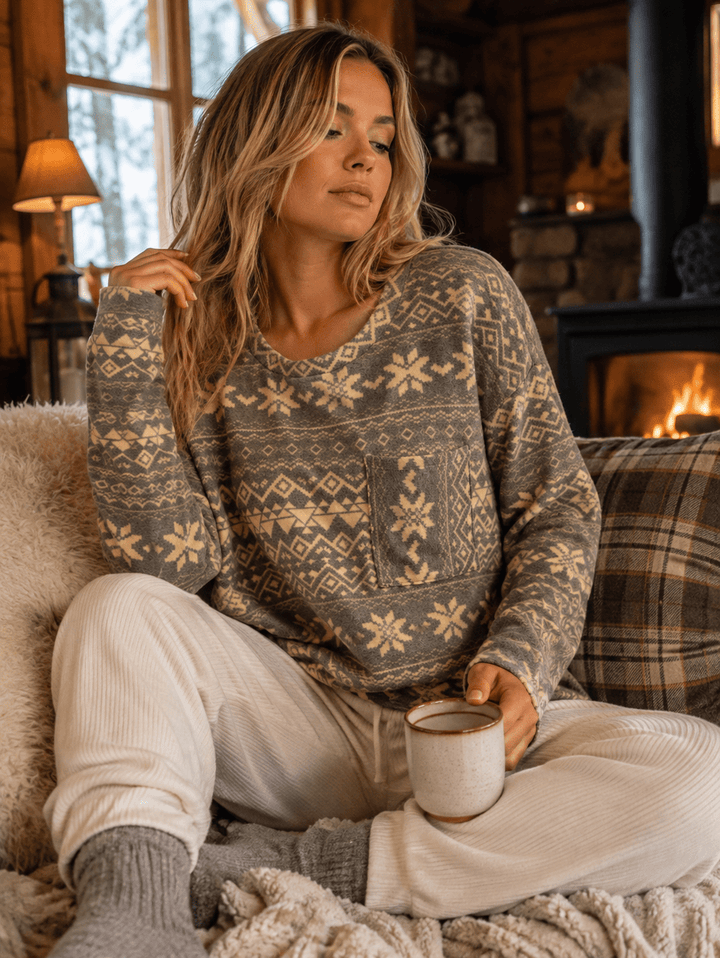 ENTRO WOMEN'S LONG SLEEVE FRONT POCKET MULTI PRINT TOP