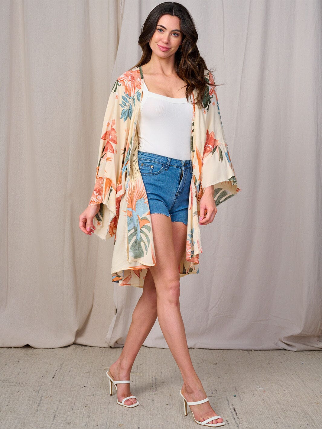 WOMEN'S LONG SLEEVES OPEN FRONT FLORAL MESH KIMONO