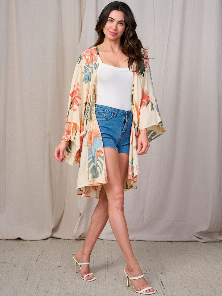 WOMEN'S LONG SLEEVES OPEN FRONT FLORAL MESH KIMONO