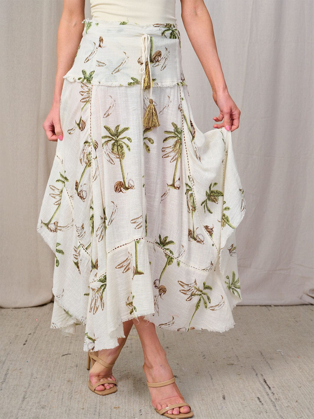 WOMEN'S SMOCK WAIST HIGH-LOW PRINT TASSEL MAXI SKIRT