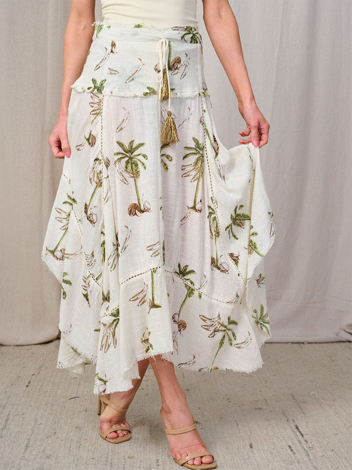 WOMEN'S SMOCK WAIST HIGH-LOW PRINT TASSEL MAXI SKIRT