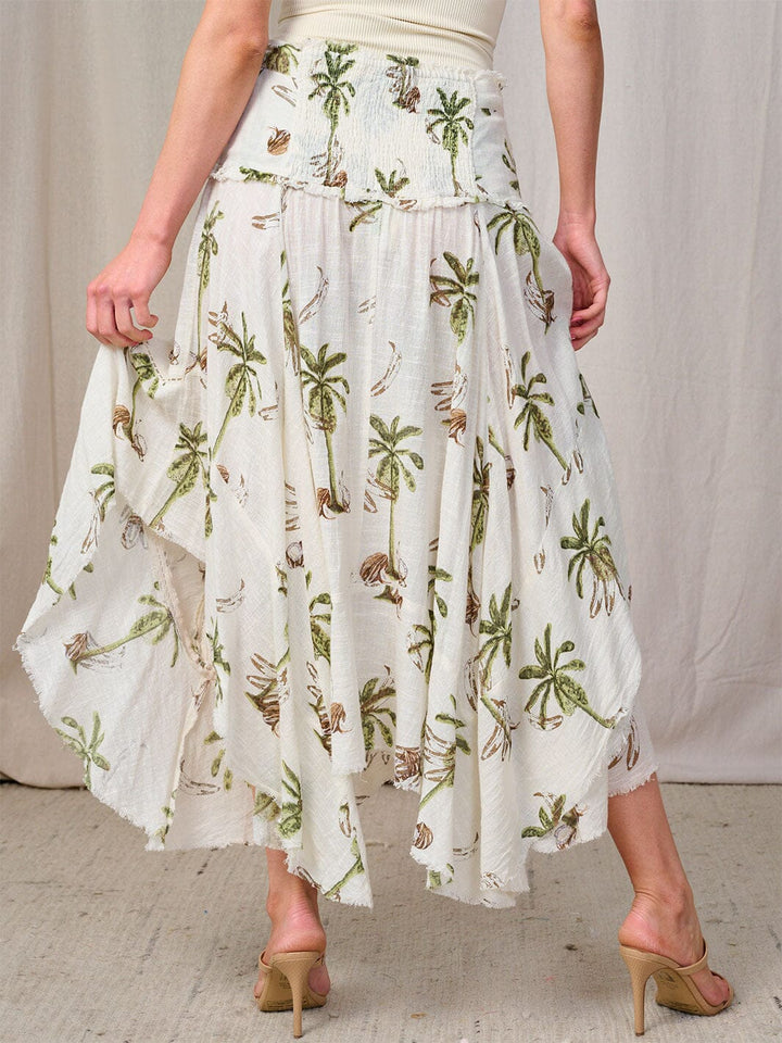 WOMEN'S SMOCK WAIST HIGH-LOW PRINT TASSEL MAXI SKIRT