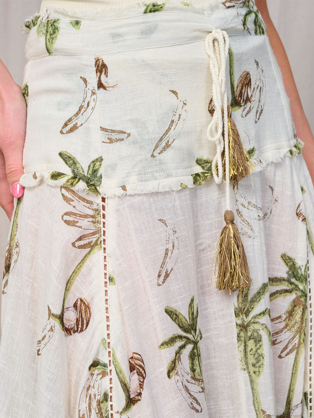 WOMEN'S SMOCK WAIST HIGH-LOW PRINT TASSEL MAXI SKIRT