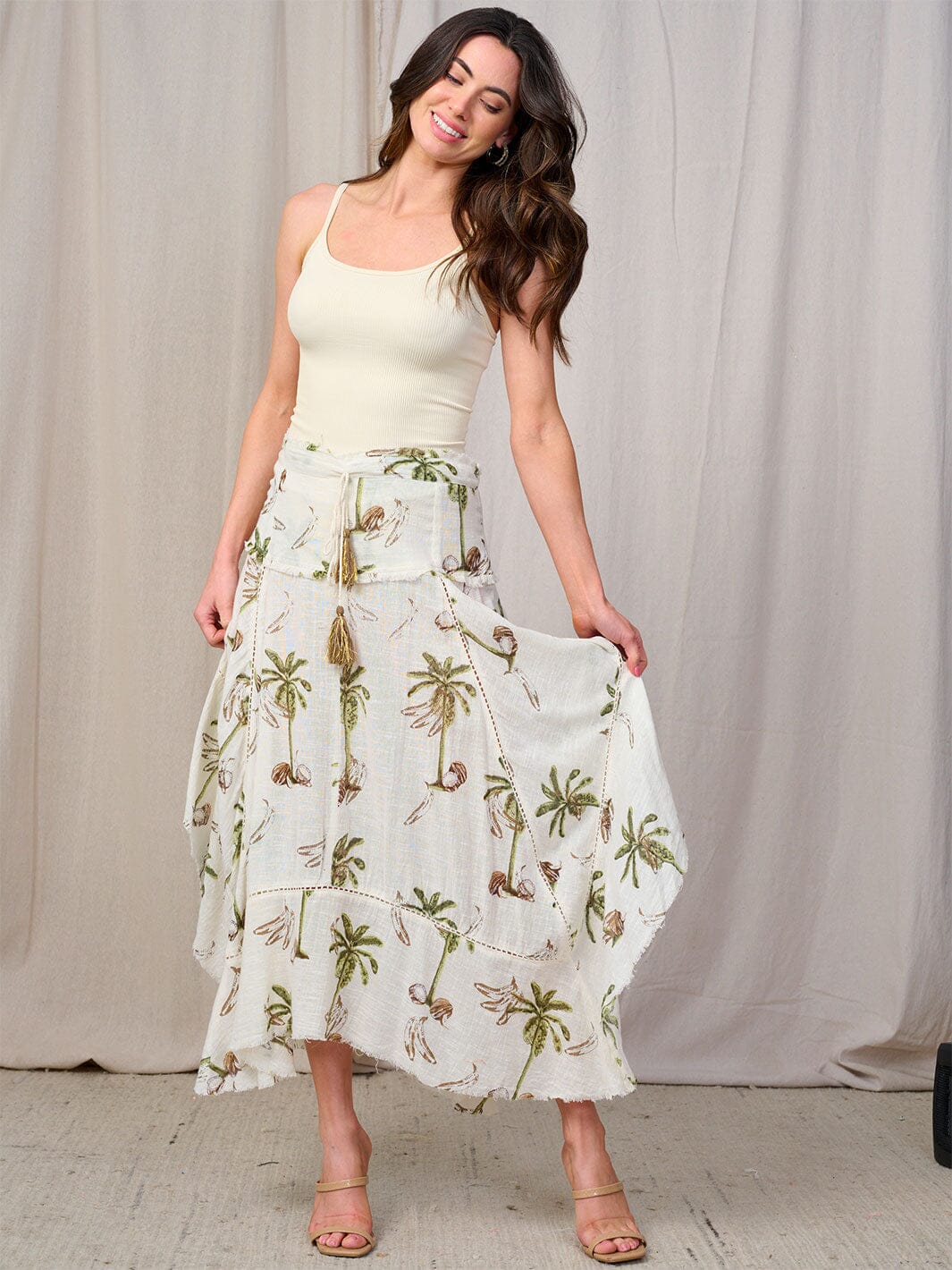 WOMEN'S SMOCK WAIST HIGH-LOW PRINT TASSEL MAXI SKIRT