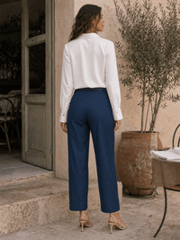 WOMEN'S BUTTON CLOSURE FRONT POCKETS STRAIGHT LEG BELTED PANTS