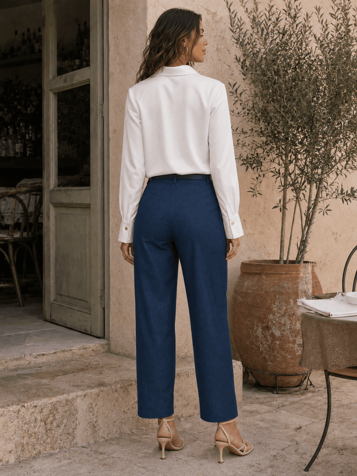 WOMEN'S BUTTON CLOSURE FRONT POCKETS STRAIGHT LEG BELTED PANTS