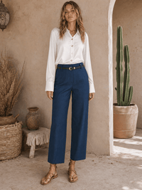 WOMEN'S BUTTON CLOSURE FRONT POCKETS STRAIGHT LEG BELTED PANTS