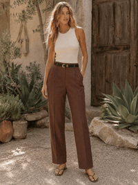 WOMEN'S BUTTON CLOSURE FRONT POCKETS STRAIGHT LEG BELTED PANTS