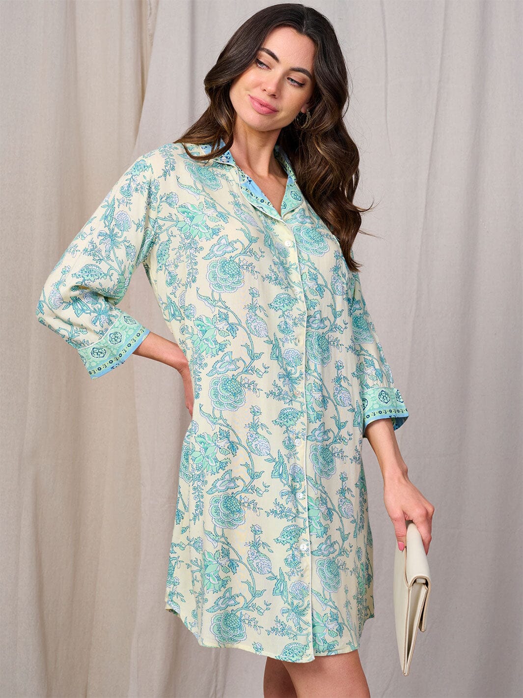 WOMEN'S 3/4 SLEEVE BUTTON UP FRONT POCKET FLORAL MINI DRESS
