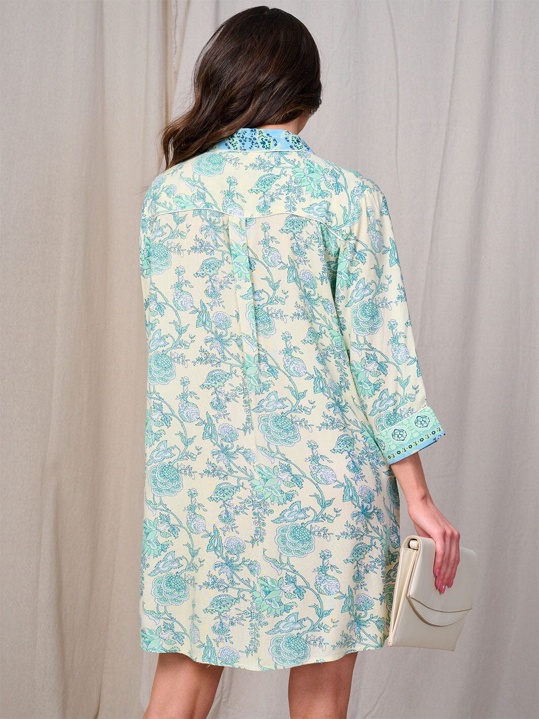 WOMEN'S 3/4 SLEEVE BUTTON UP FRONT POCKET FLORAL MINI DRESS