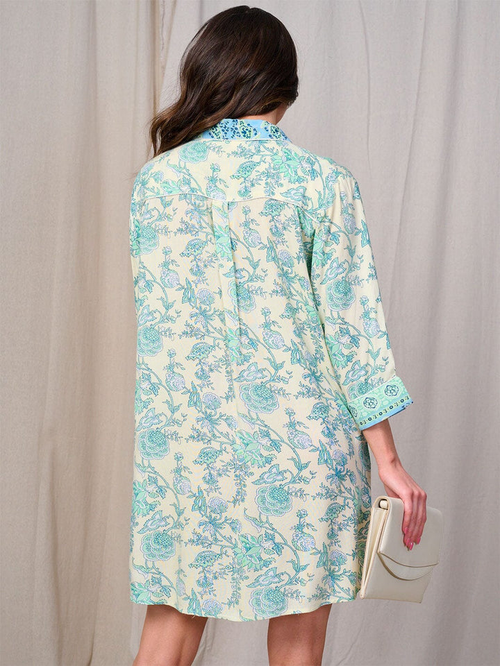 WOMEN'S 3/4 SLEEVE BUTTON UP FRONT POCKET FLORAL MINI DRESS