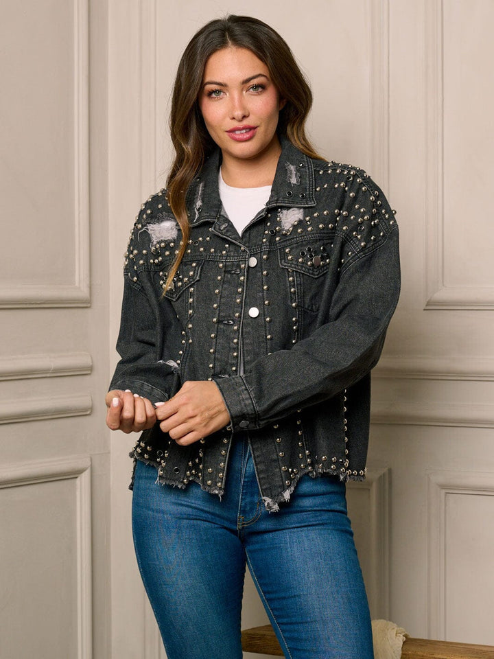 WOMEN'S LONG SLEEVE BUTTON UP PEARL DISTRESS DETAILED DENIM JACKET