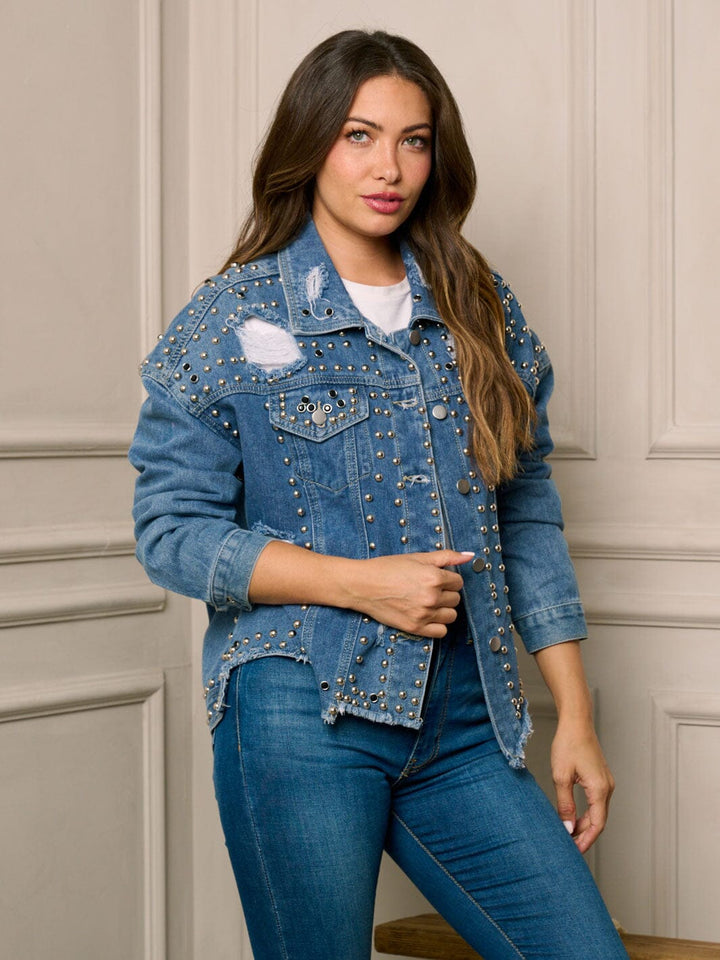 WOMEN'S LONG SLEEVE BUTTON UP PEARL DISTRESS DETAILED DENIM JACKET