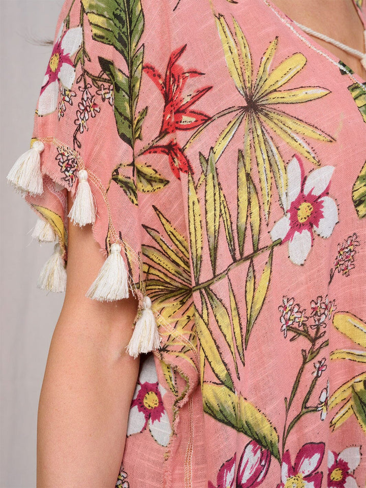 WOMEN'S SHORT SLEEVE V-NECK TASSEL TRIM TUNIC FLORAL TOP