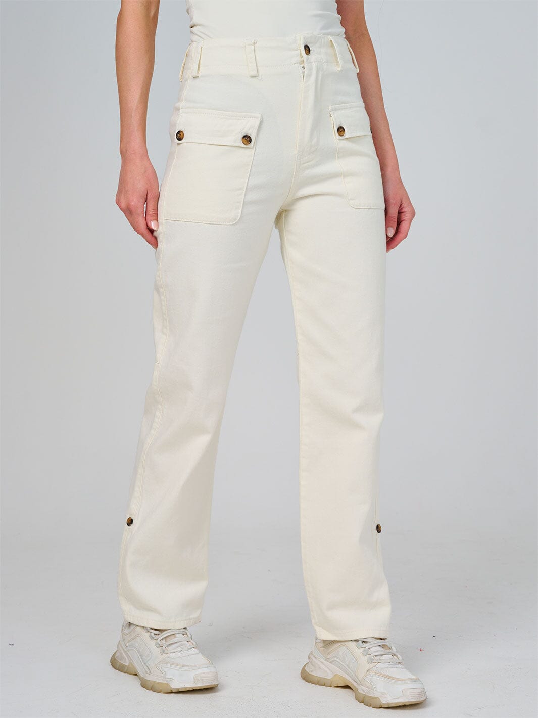 WOMEN'S BUTTON CLOSURE POCKETS WIDE LEG DENIM PANTS