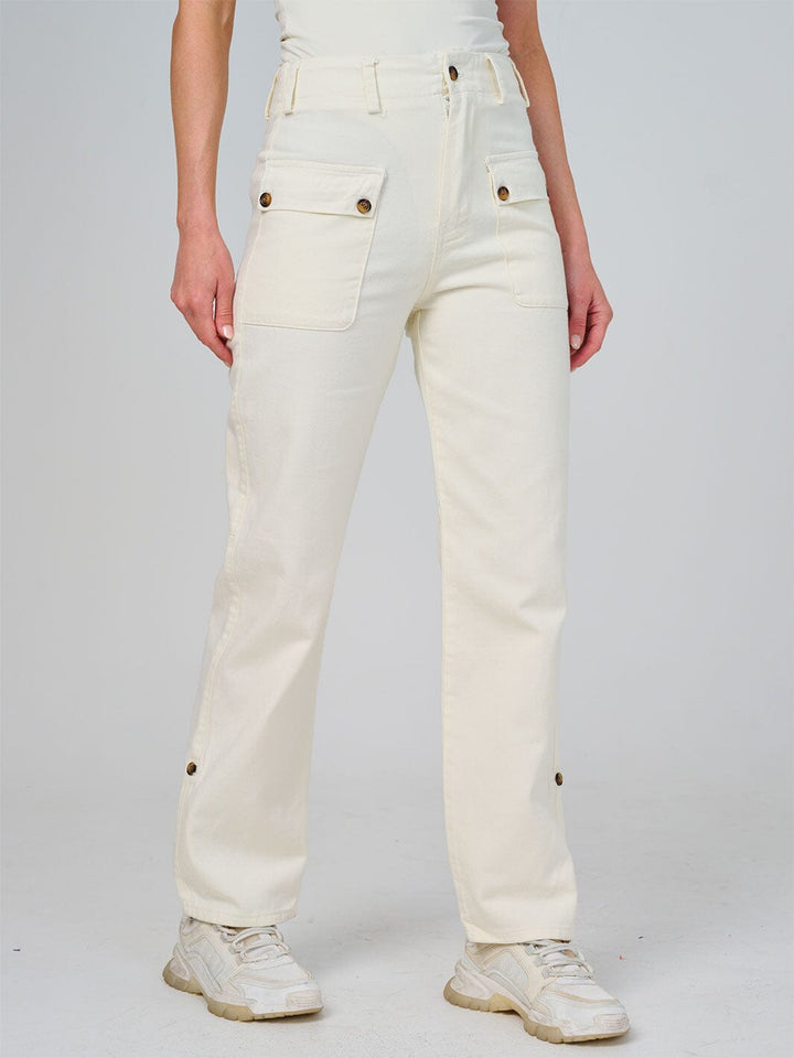 WOMEN'S BUTTON CLOSURE POCKETS WIDE LEG DENIM PANTS