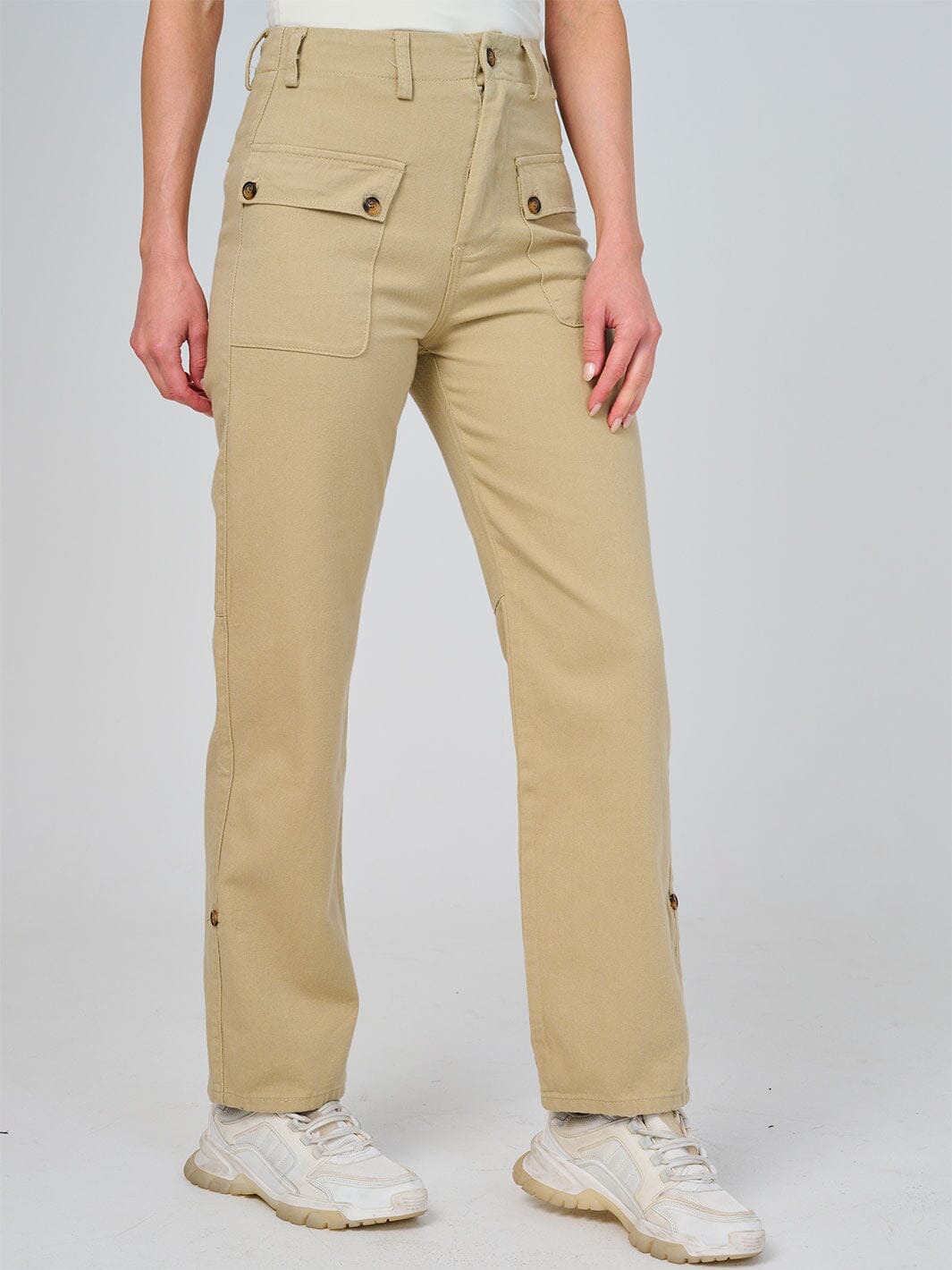 WOMEN'S BUTTON CLOSURE POCKETS WIDE LEG DENIM PANTS