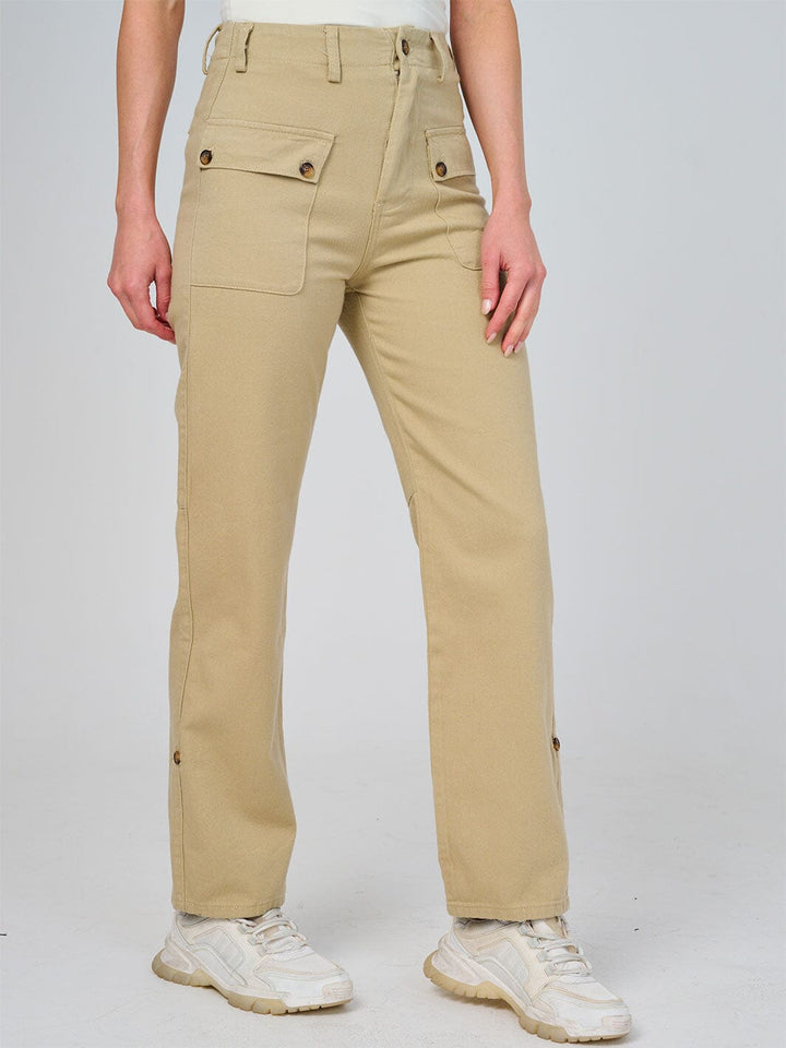 WOMEN'S BUTTON CLOSURE POCKETS WIDE LEG DENIM PANTS