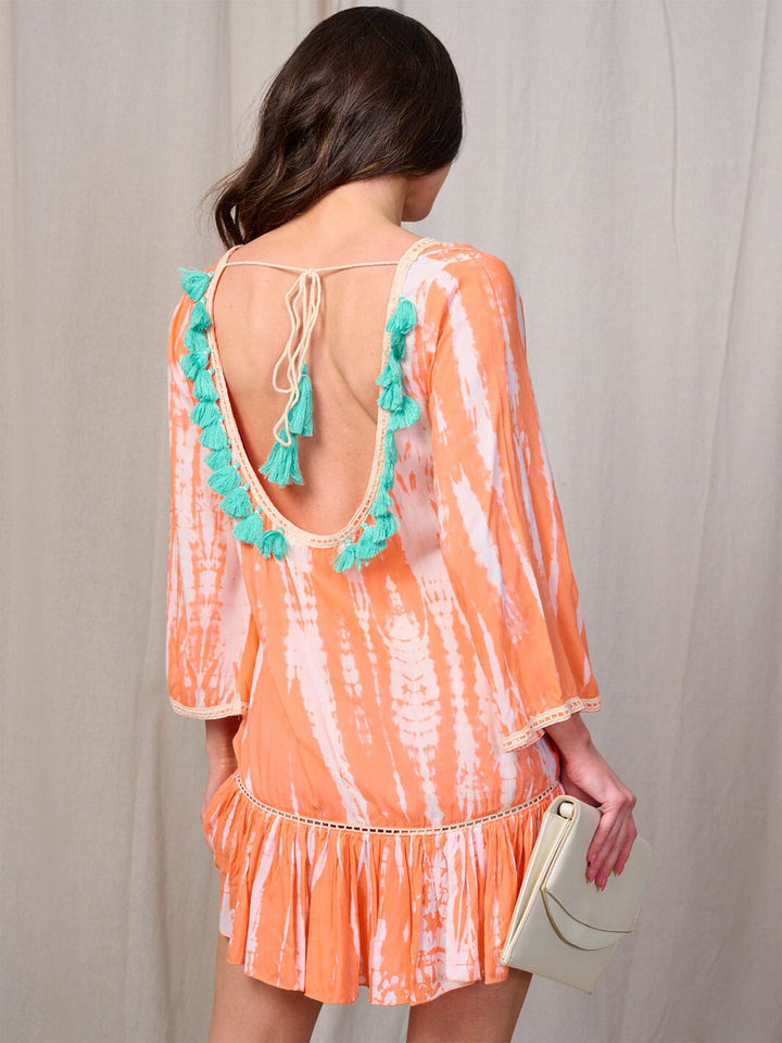 WOMEN'S LONG SLEEVE TASSEL OPEN BACK TUNIC MINI DRESS