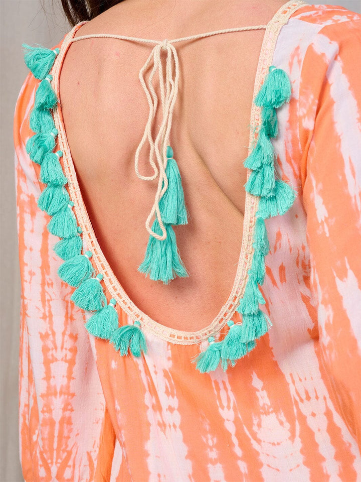 WOMEN'S LONG SLEEVE TASSEL OPEN BACK TUNIC MINI DRESS