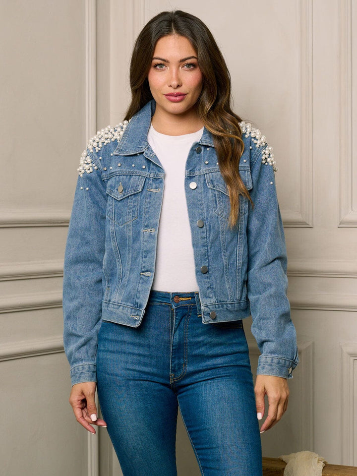 WOMEN'S LONG SLEEVE BUTTON UP PEARL DETAILED DENIM JACKET