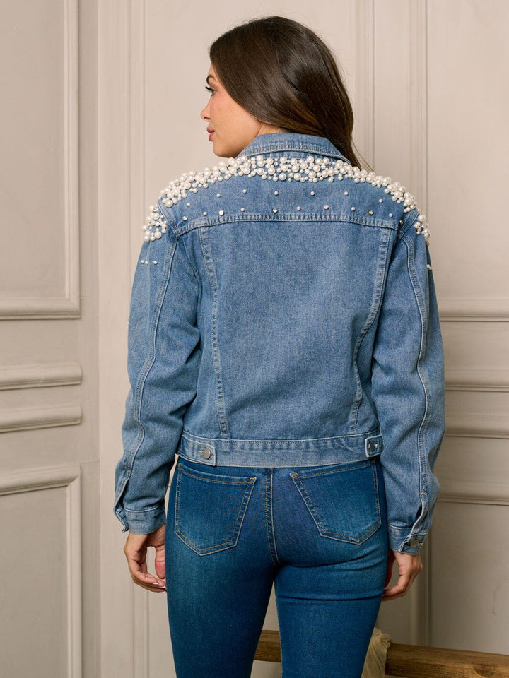 WOMEN'S LONG SLEEVE BUTTON UP PEARL DETAILED DENIM JACKET