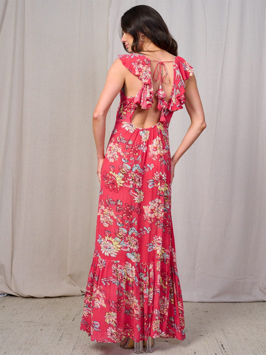 WOMEN'S SLEEVELESS RUFFLE OPEN BACK FLORAL MAXI DRESS
