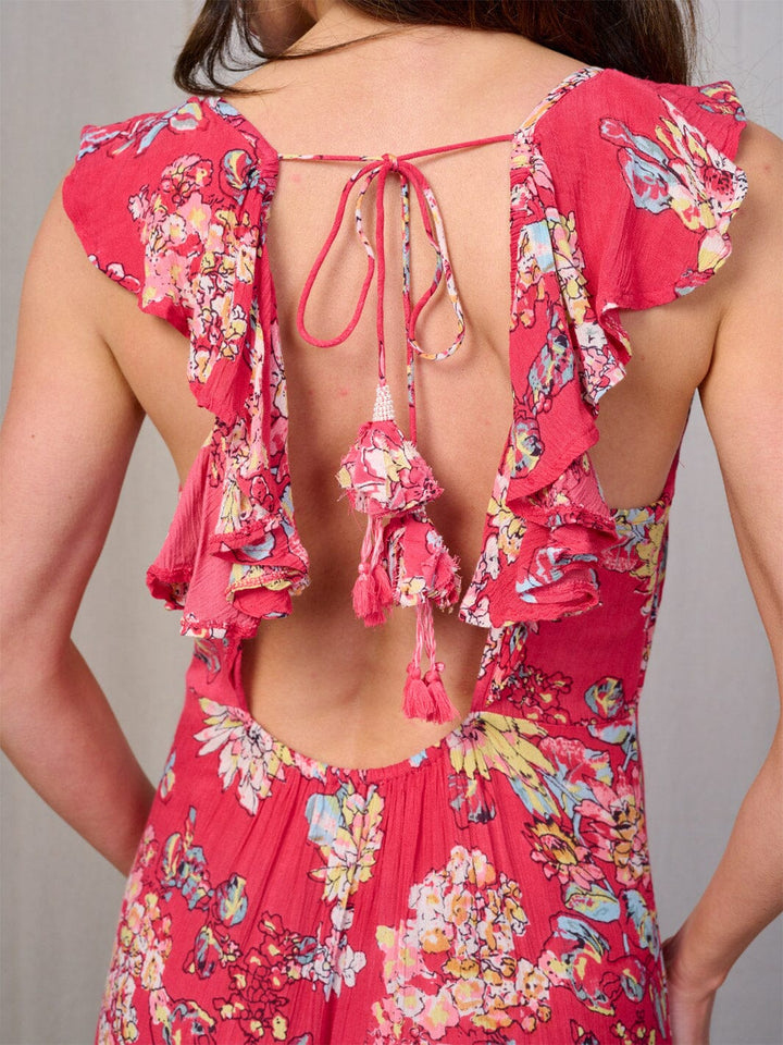 WOMEN'S SLEEVELESS RUFFLE OPEN BACK FLORAL MAXI DRESS