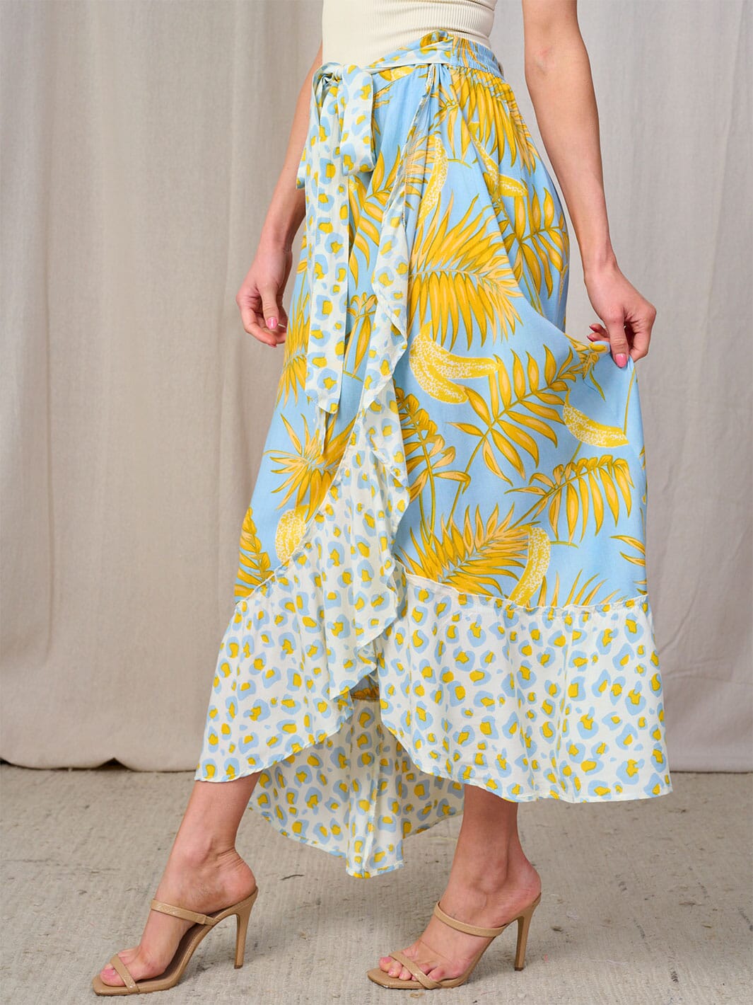 WOMEN'S ELASTIC WAIST HIGH-LOW PRINT SELF TIE SURPLICE MAXI SKIRT