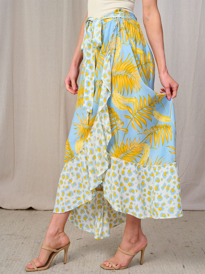 WOMEN'S ELASTIC WAIST HIGH-LOW PRINT SELF TIE SURPLICE MAXI SKIRT