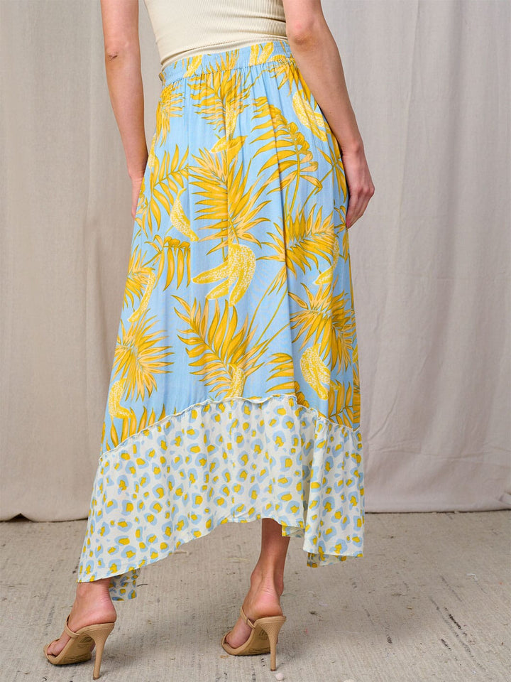 WOMEN'S ELASTIC WAIST HIGH-LOW PRINT SELF TIE SURPLICE MAXI SKIRT