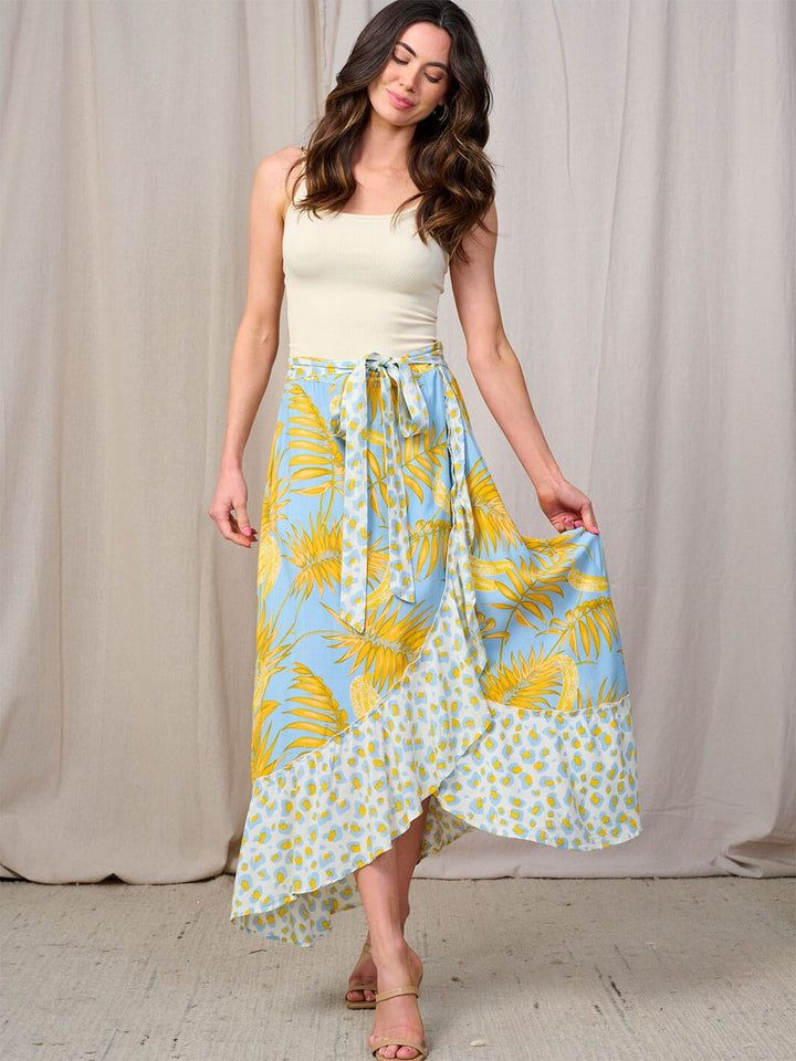 WOMEN'S ELASTIC WAIST HIGH-LOW PRINT SELF TIE SURPLICE MAXI SKIRT