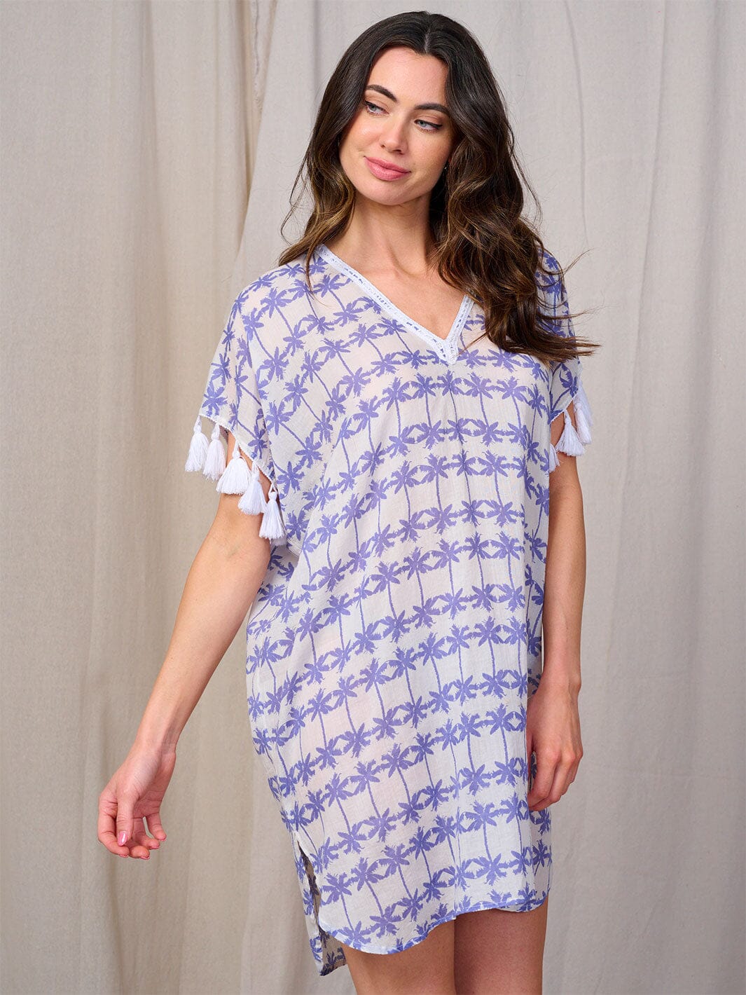 WOMEN'S SHORT TASSEL SLEEVE V-NECK PRINT TUNIC MINI DRESS