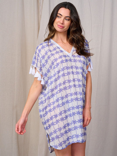 WOMEN'S SHORT TASSEL SLEEVE V-NECK PRINT TUNIC MINI DRESS